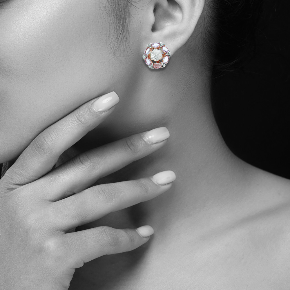 Polki Diamond Studs with Pink Sapphire Gem Halo and Pav&eacute; Detailing